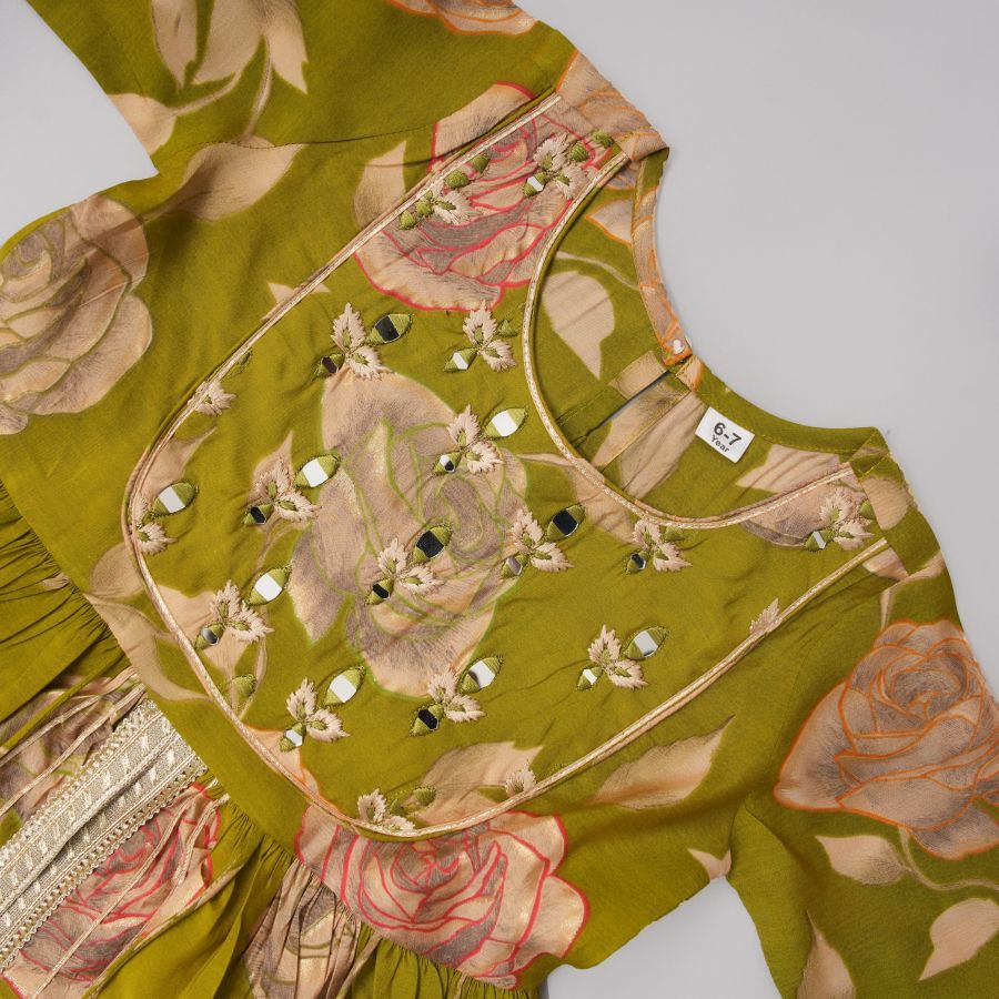 Girls Olive Green Floral Lehanga