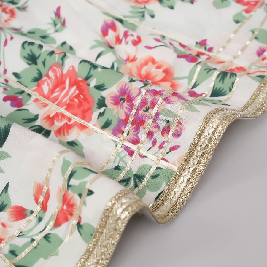 White Base Floral Cotton Lehanga Top