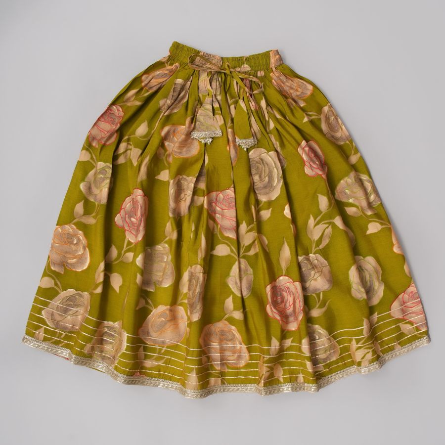 Girls Olive Green Floral Lehanga