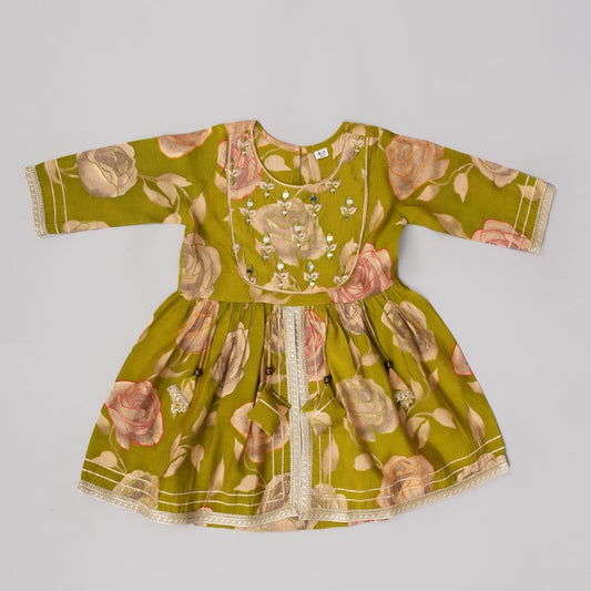 Girls Olive Green Floral Lehanga