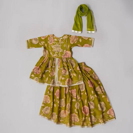 Girls Olive Green Floral Lehanga