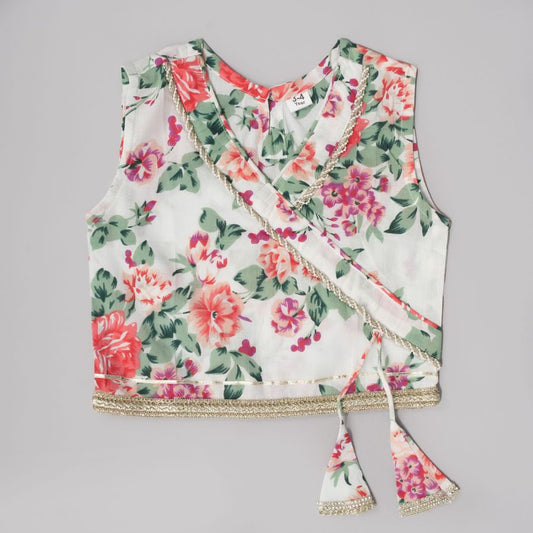 White Base Floral Cotton Lehanga Top