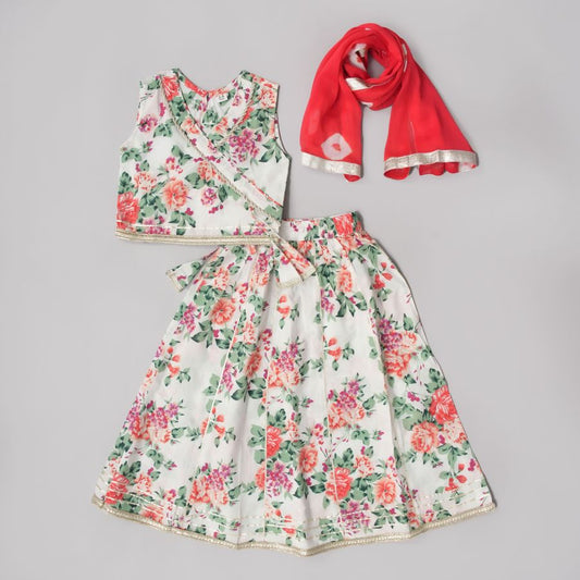 White Base Floral Cotton Lehanga Top