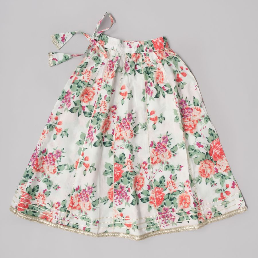 White Base Floral Cotton Lehanga Top