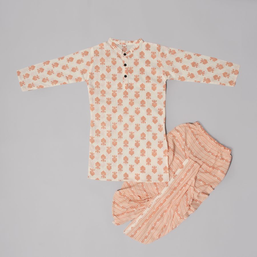 Boys Cream Dhoti Kurta Floral Pattern