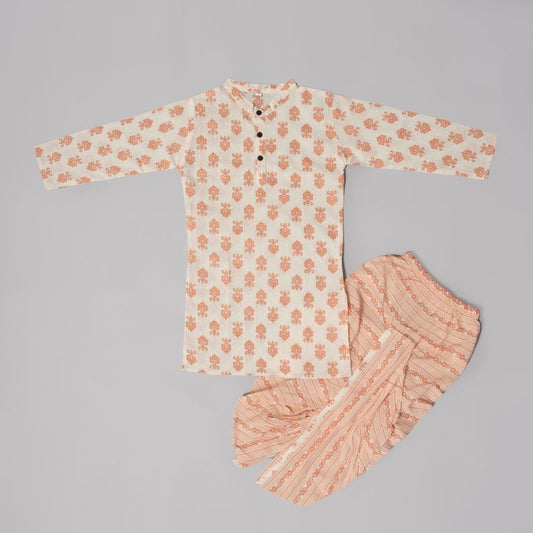Boys Cream Dhoti Kurta Floral Pattern