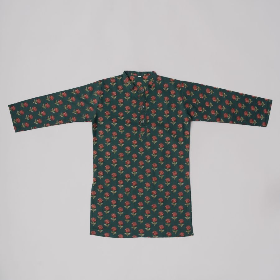 Boys Floral Dark Green Kurta Pyjama with Jacket