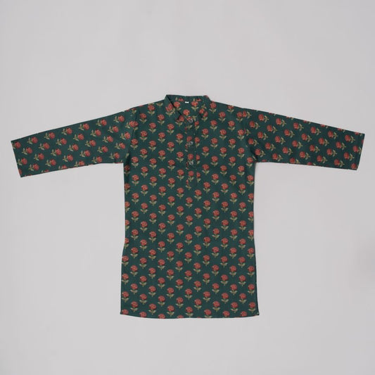Boys Floral Dark Green Kurta Pyjama with Jacket