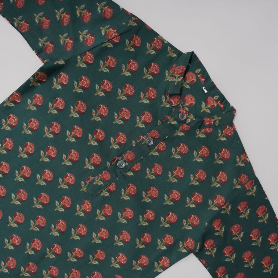 Boys Floral Dark Green Kurta Pyjama with Jacket