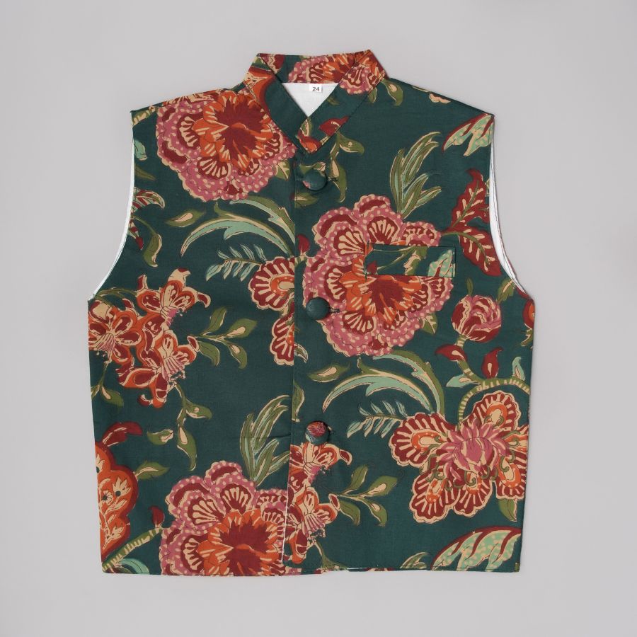 Boys Floral Dark Green Kurta Pyjama with Jacket