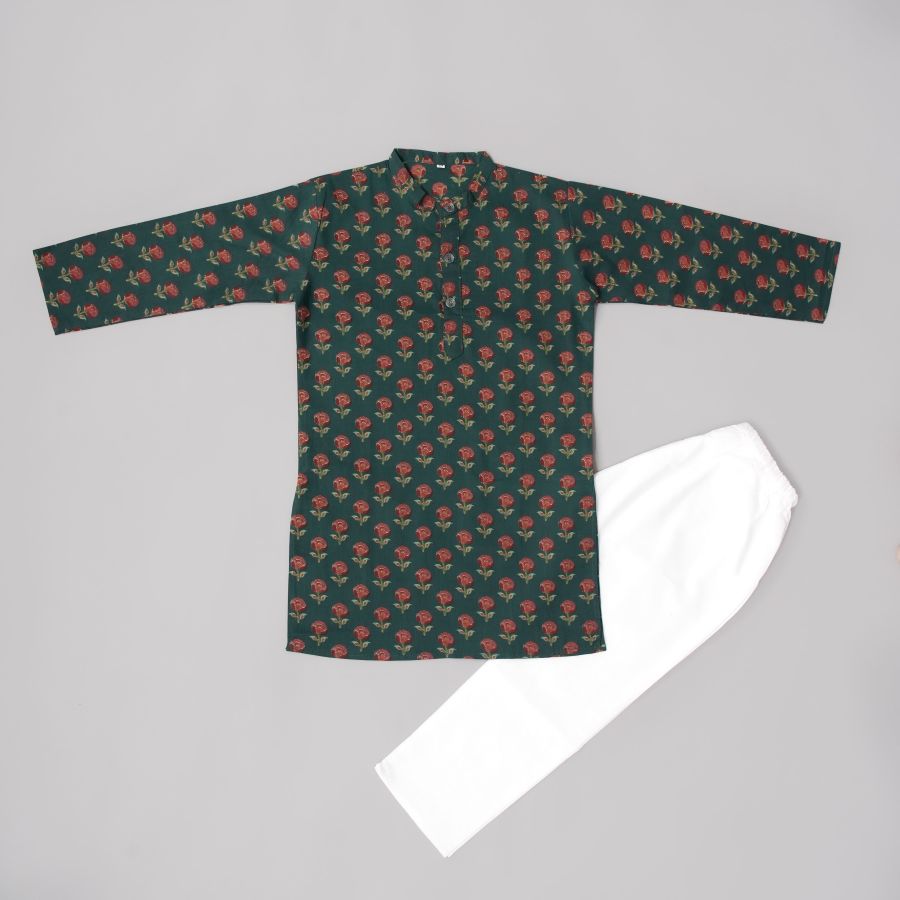 Boys Floral Dark Green Kurta Pyjama with Jacket