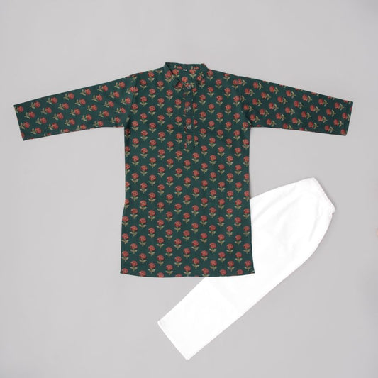Boys Floral Dark Green Kurta Pyjama with Jacket