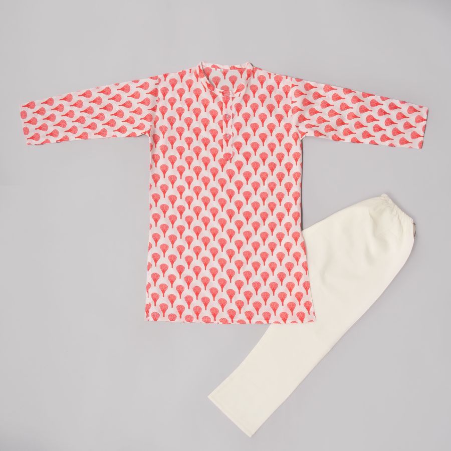 Boys White Base Kurta Pyjama Jacket Set