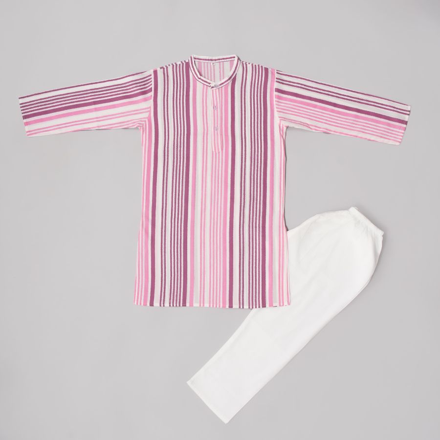 Boys Pink Stripes Kurta Pyjama Set with Jacket