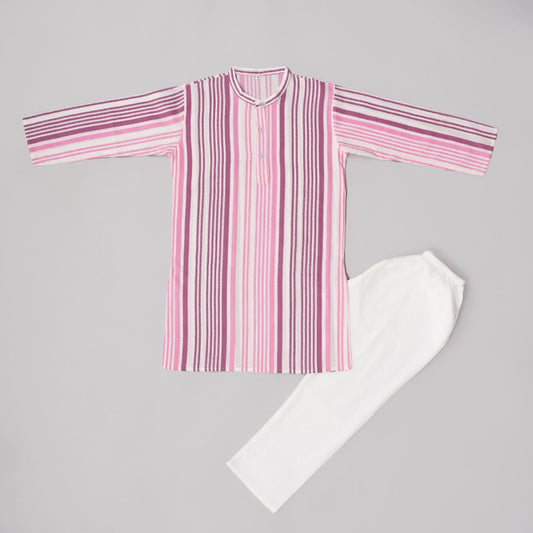 Boys Pink Stripes Kurta Pyjama Set with Jacket