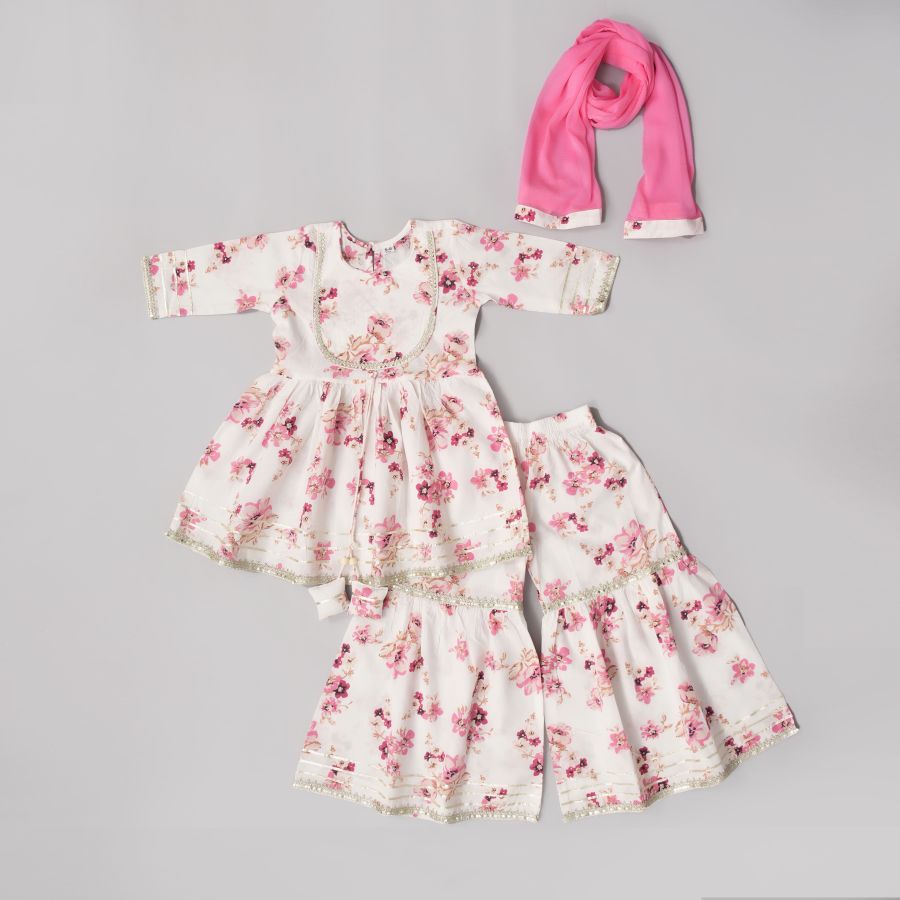 White Red Floral Sharara