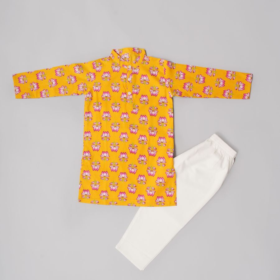 Boys Lotus Yellow Base Kurta Pyjama Jacket