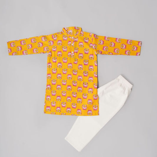 Boys Lotus Yellow Base Kurta Pyjama Jacket