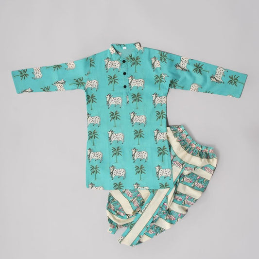 Boys Green Gau Pichwai Dhoti Kurta
