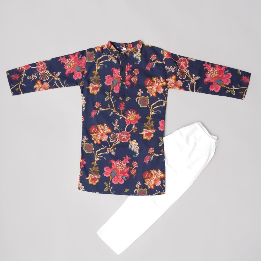Boys Blue Printed Kurta Pyjama