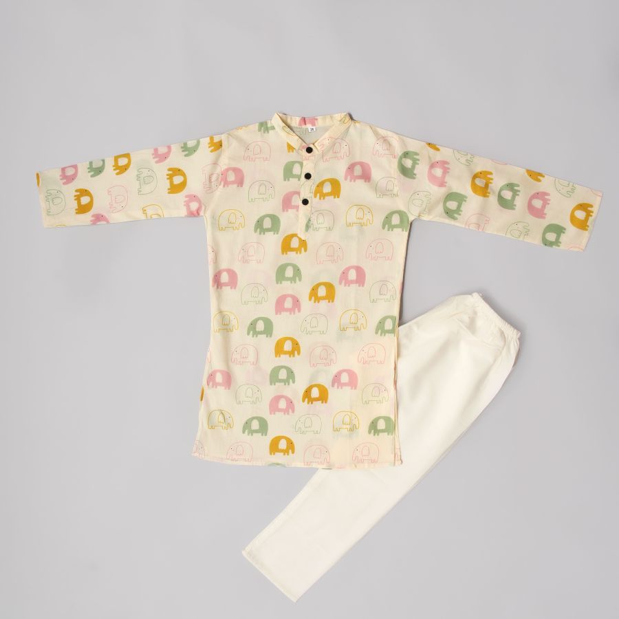 Boys Cool Elephant Cream Kurta Pyjama