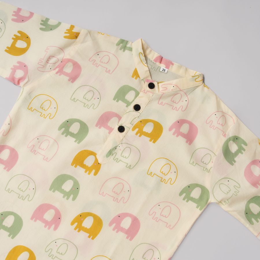 Boys Cool Elephant Cream Kurta Pyjama