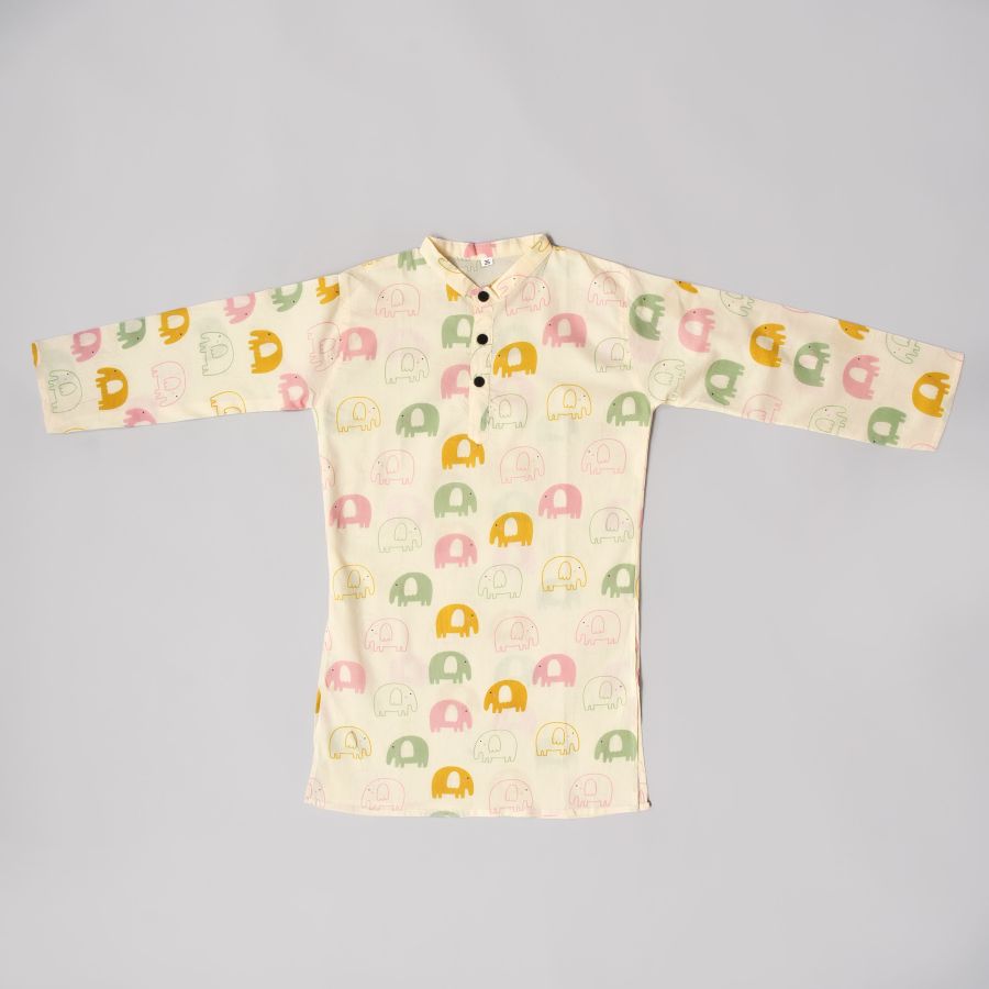 Boys Cool Elephant Cream Kurta Pyjama