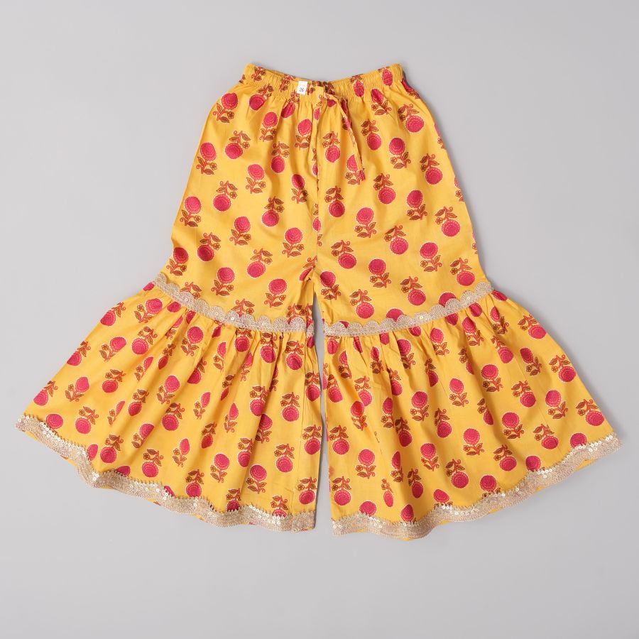 Elegant Yellow With Red Flower Sharara Set