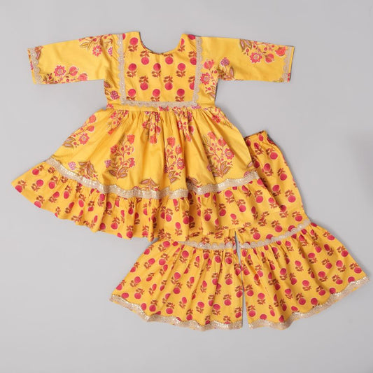 Elegant Yellow With Red Flower Sharara Set