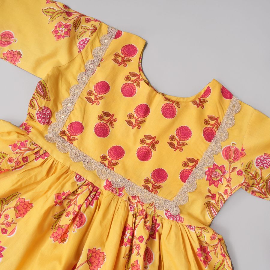 Elegant Yellow With Red Flower Sharara Set