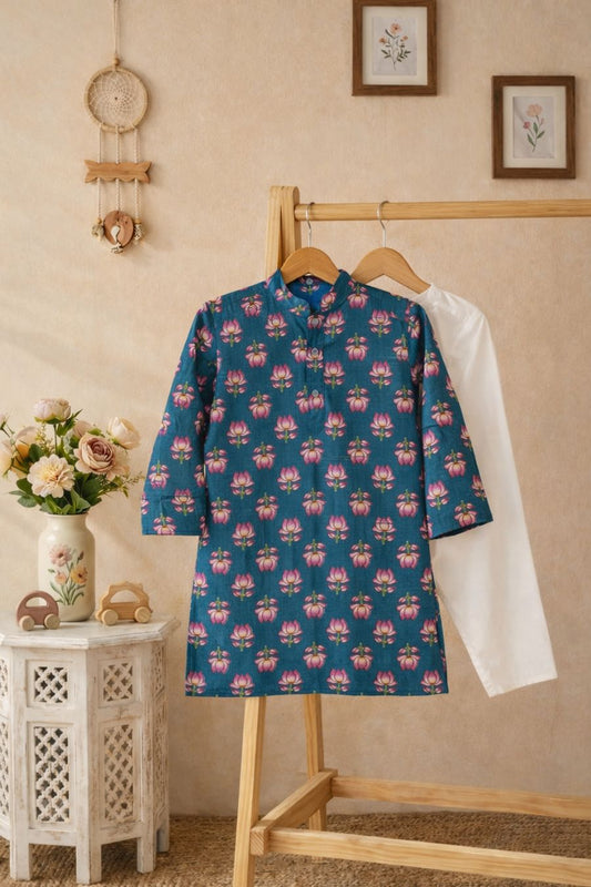 Boys Lotus Print Blue Kurta Pyjama with Jacket