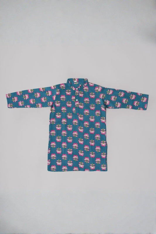 Boys Lotus Print Blue Kurta Pyjama with Jacket