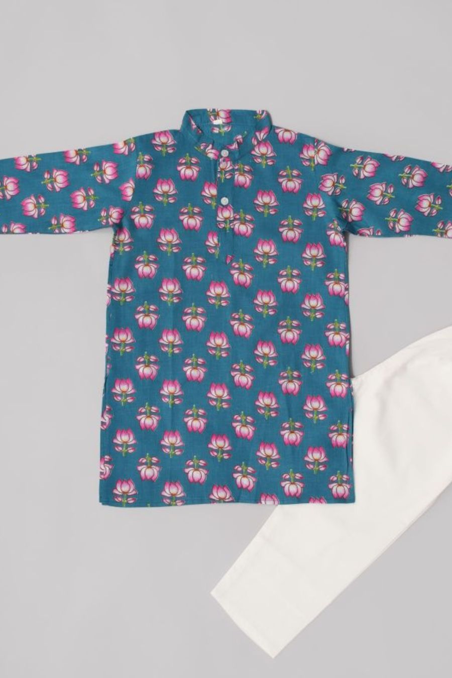 Boys Lotus Print Blue Kurta Pyjama with Jacket