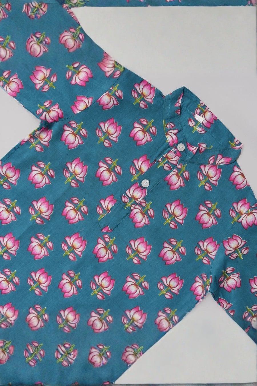 Boys Lotus Print Blue Kurta Pyjama with Jacket
