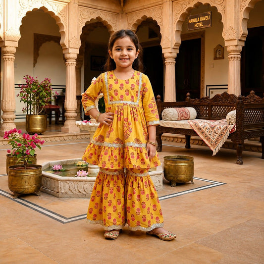 Elegant Yellow With Red Flower Sharara Set
